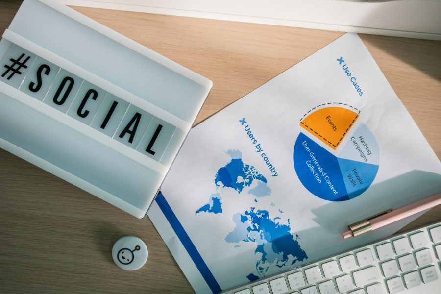 Social media analytics report showing users by country and a pie chart of use cases
